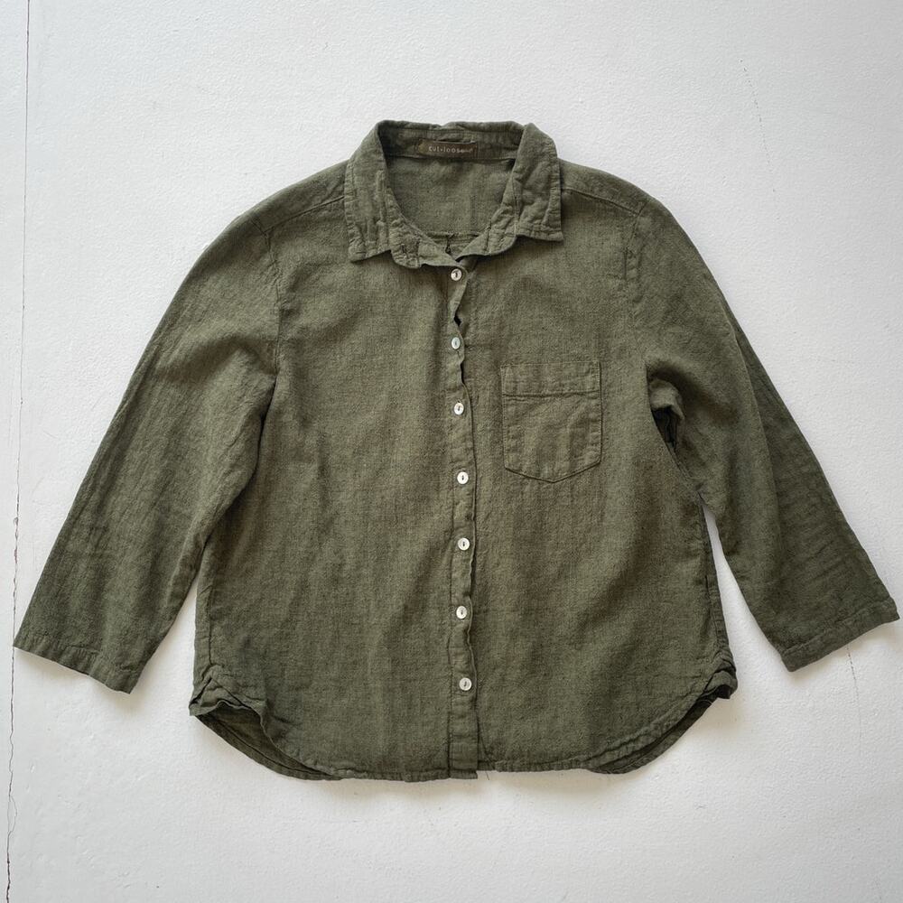 Vtg 90s CUT LOOSE Green Button Up Linen Cotton Shirt / Sz S / Womens Minimal